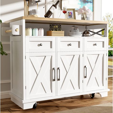 Isla de cocina 118x43x98 cm blanca en MDF y metal con tablero abatible, ruedas y amplio almacenaje (1/5)