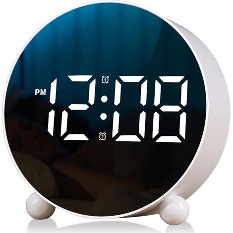 Digitaler runder LED-Wecker, kleiner Wecker mit zwei Klingeltönen, 3 Helligkeitsstufen, geräuschlos, für Nachttisch, Schlafzimmer oder Büro, weiß (1/4)
