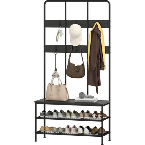 Porte-manteaux 3 en 1 métal noir avec établi et rangement chaussures carton