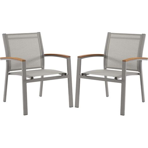 Lot de 2 fauteuils de jardin empilables en aluminium et textilène - Taupe et accoudoirs acacia - TAIPIVAI de MYLIA (1/5)