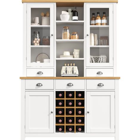 Mehrzweck-Hochschrank für Zuhause mit Kippschutz, Standschrank für Küche und Wohnzimmer mit Glastür, Metallgriffen und Soft-Close-Funktion, herausnehmbares Weinregal, Weiß