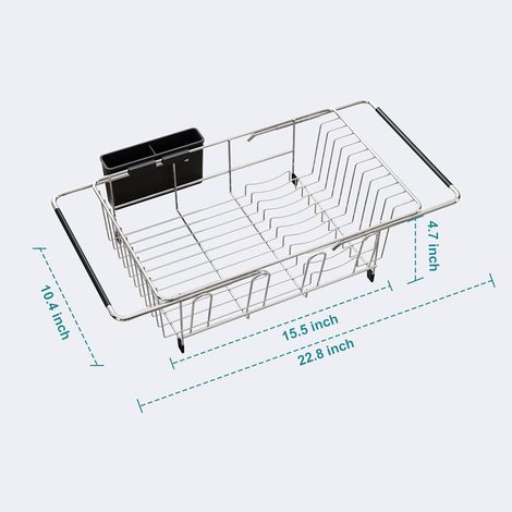 Égouttoir de cuisine compact et extensible, en métal inoxydable, pour économiser de l'espace sur le plan de travail, support de séchage au-dessus des assiettes avec filtre, support réglable suspendu a (1/5)