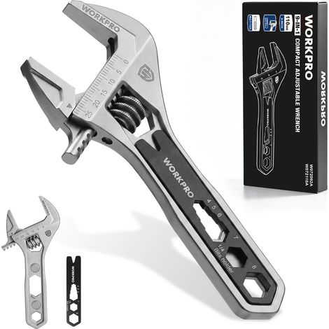 WORKPRO Clé à Molette 110 mm Multifonction, Petite Clé Réglable 9 en 1 Mâchoire 25 mm, Porte-Embout Magnétique 1/4", Clé Hexagonale, Pied-de-Biche - Nickelage (1/5)