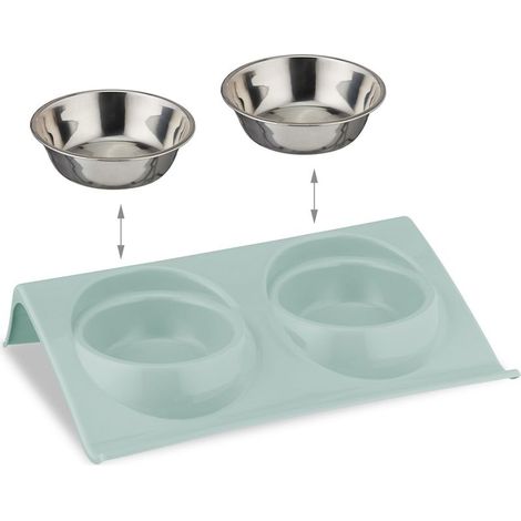 Double gamelle surélevée pour animaux, lot de 2 pièces — Gamelles universelles pour chats et chiens. Dimensions (H x L x P) : 37,5 x 24 x 7,5 cm. Couleur : Vert et argent. (1/5)
