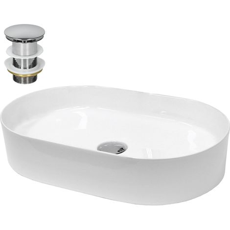 Luxebath – Vasque à poser ovale en céramique blanche 605x380x125 mm – Avec bonde de vidage sans trop-plein – Installation facile sur meuble de toilette
