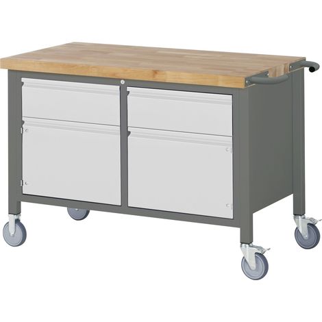 STIER Fahrbare Werkbank Premium, 2 Schubladen und 2 Türen, 125x70x88cm, Stahl & Buche, Montagewerkbank (1/4)