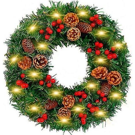 Couronne de Noël artificielle avec pommes de pin, baies rouges et guirlande lumineuse LED pour porte d'entrée, mur, décoration de style champêtre, intérieur et extérieur, articles de fête, 30 cm - Lum (1/5)