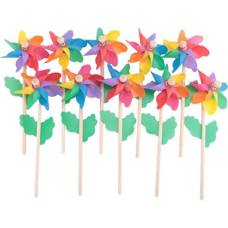 Lot de 10 moulins à vent en bois, à fabriquer soi-même, pour décorer le jardin ou la pelouse lors de fêtes d'enfants. (1/5)