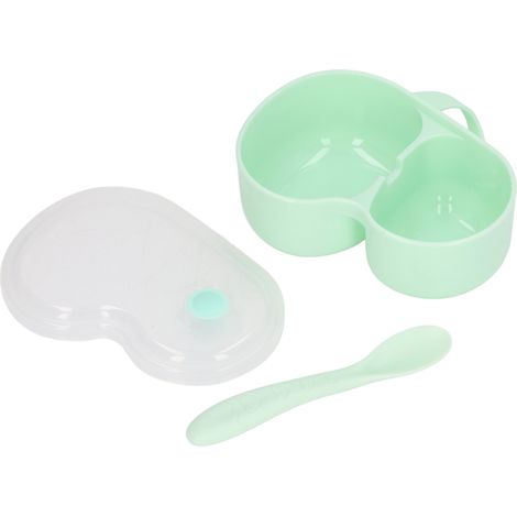 Baby-Fütterungsset, unterteilt, multifunktional, tragbar, sicher, mit 2-Kammer-Schüssel und Löffel, grün. (1/5)