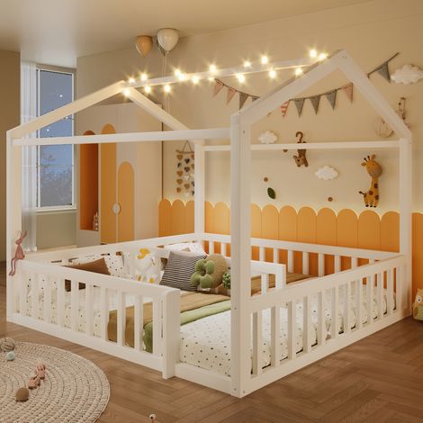 Letto a casetta bambini 180x190 cm con LED e sponde di sicurezza, in pino bianco, materasso non incluso (1/5)
