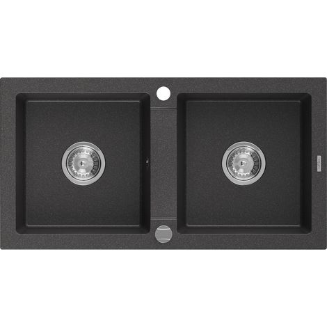 Mexen Mario évier en granit à 2 cuves 820 x 436 mm, Noir moucheté - 6504822000-76 (1/5)