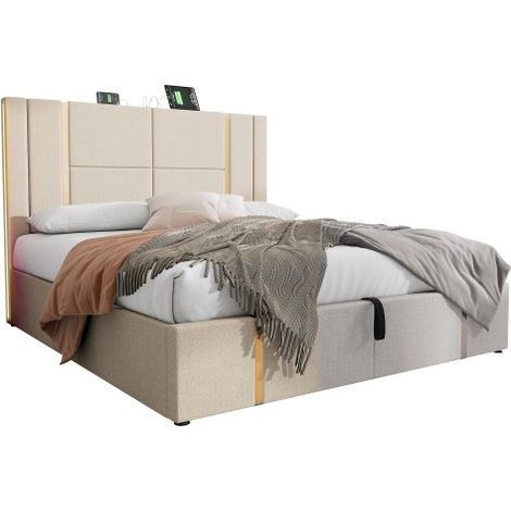 Lit double rembourré avec rangement (180 × 200) — équipé d'un port de charge USB-C, d'un éclairage LED contrôlable via application et d'un sommier à lattes en bois  revêtement beige effet lin (matelas (1/5)