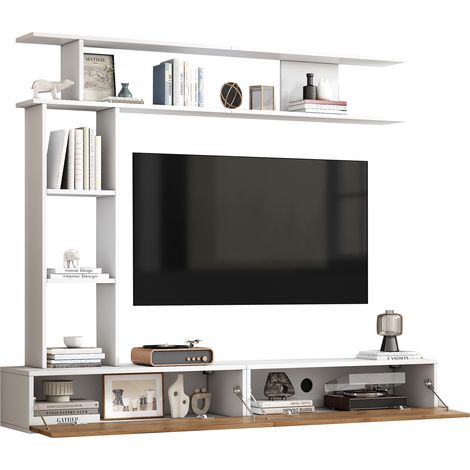 TV Wohnwand mit 2 Klappen und offenen Fächern, hängend oder stehend für Wohnzimmer, aus Spanplatte, 180 × 35 × 22.5 cm (1/5)