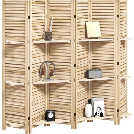 Paravent intérieur bois 4 panneaux 160x170 cm pliable 3 étagères, bois naturel effet brûlé (1/5)
