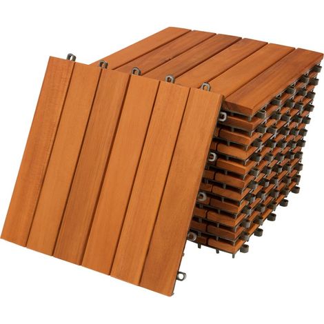 Lot de 11 dalles de terrasse en bois d'acacia – Dimensions 30 x 30 cm – Système de fixation par clips – Résistantes aux intempéries