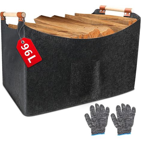Panier en bois de cheminée XXL en feutre (96 l, 60 x 40 x 40 cm), panier pliable avec poignée en bois (1/5)