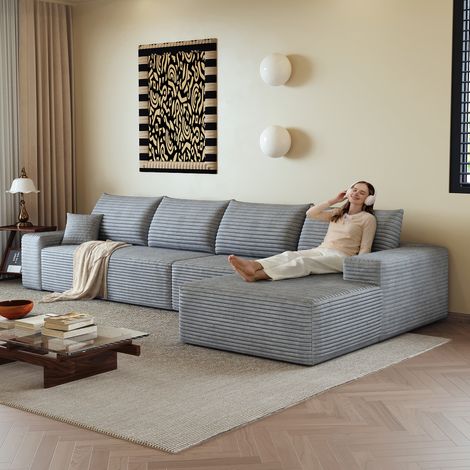 Canapé d’angle modulable 4 places 270 cm avec méridienne droite, assise profonde, sans montage, velours côtelé - Gris (1/5)