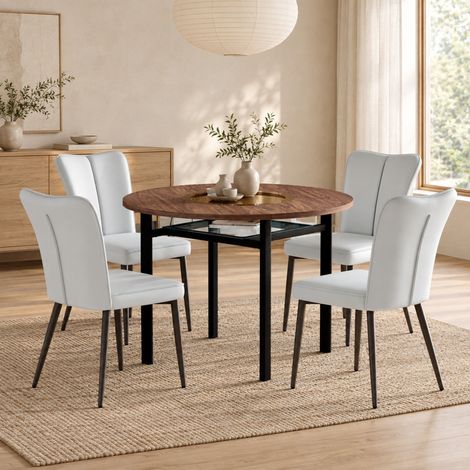 Modernes rundes Esstisch-Set mit 4 Stühlen aus hellgrauem PU, Holzoptikplatte 100 cm (1/5)