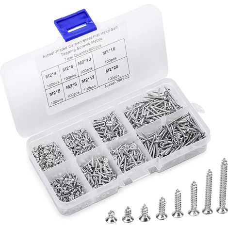 800 Pièces Vis Autoperceuses à Tête Croisée, Argentées Vis Autotaraudeuse, Micro Vis à Tête Cylindrique avec Boîte en Plastique, pour Plastique Bois Métal Mou M2 (1/3)