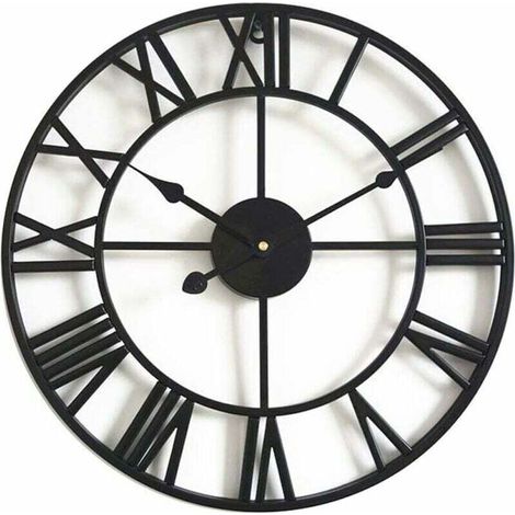Horloge Grande horloge murale rétro en fer - Ronde - Silencieuse - Fonctionne avec piles - Chiffres romains - Style vintage - Pour décoration de salon - Noir (40 Cm) (1/5)