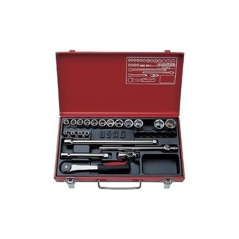 USAG U06130020 613 N 3-8 Kit Chiavi a Bussola con Cricchetto 22 Pezzi contenuto 16 bussole poligonali mm 6-22 2 prolunghe 1 cricchetto reversibile 1 leva a T 1 snodo cardanico colore Acciaio