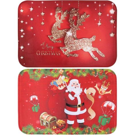 2PCS Tapis de Noël Paillassons Tapis de Passage Antidérapante Carpettes Tapis De Salon Tapis de Bain Tapis de Cuisine Décoration Maison Chambre (Père Noël + Renne) (1/5)