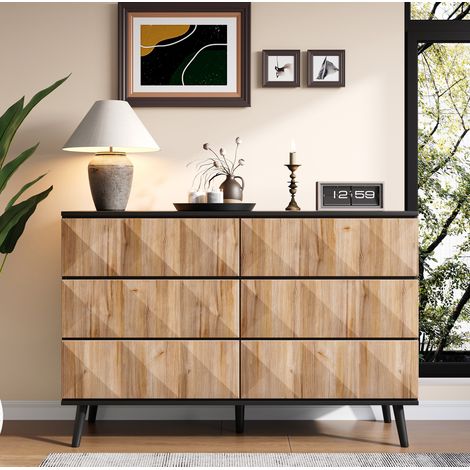 Aparador de 6 cajones 120 x 40 x 85 cm en aglomerado y MDF negro y madera HAVRYA (1/5)