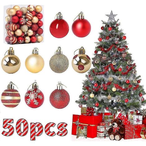 Boules de Noël rouges et dorées de 4 cm (1,57 po) à suspendre, 50 pièces. Décorations de Noël pour sapin. (1/5)