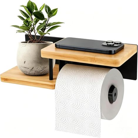 Porte-Papier Toilette Mural en Bois de Bambou, Support Porte Papier Toilette avec Etagère en Bambou Plateau, Dérouleur Papier Toilette Salle de Bain sans Perçage - Fixation Adhésive ou à Percer (1/5)