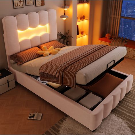 Cama con almacenaje 90 x 200 cm con LED, cabecero regulable, terciopelo rosa DESVIAE (1/5)