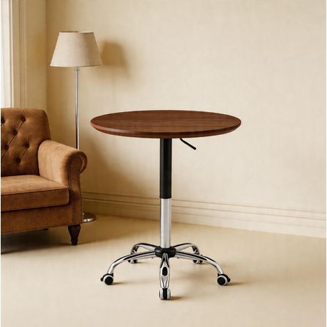Mesa auxiliar regulable en altura con ruedas, redonda de 70 cm, tablero MDF madera oscura y base de metal cromado para oficina, cocina y café -FLORAGRACE (1/5)