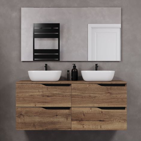 Meuble de salle de bain 120cm avec plateau et deux vasques à poser zeus - 4 tiroirs - tabaco (chêne foncé) - LUNA (1/5)