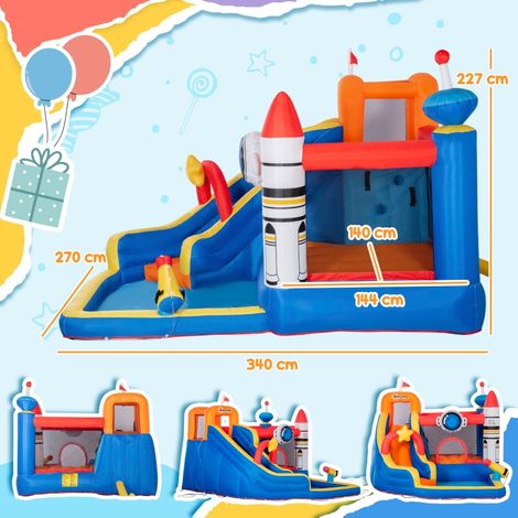 Château gonflable thème spatial enfants 3-8 ans, tissu Oxford, sac transport et fixations inclus, 340x270x227 cm