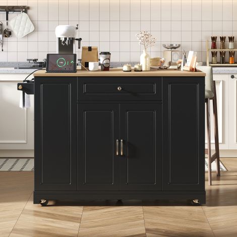 Îlot de cuisine mobile sur roulettes — Doté d'un espace repas extensible, de tiroirs multifonctionnels et d'un compartiment de rangement pour poubelle — Idéal pour les cuisines et les salles à manger