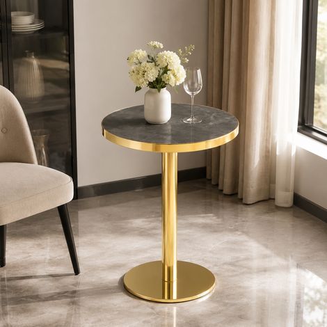 Beistelltisch rund Grau/Gold aus MDF mit Marmoroptik und Edelstahlrand (1/5)