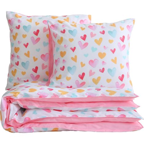 Housse Couette Fille 140x200cm Cœurs Rose Multicolores 3PCS (1/5)