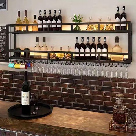 Porte-Bouteilles Muraux Industriels avec Porte-Verre,Casier À Vin en Métal,Porte-Verre À Vin Suspendu Mural pour Bar Boissons,Étagères Polyvalentes,Étagère Murale en Verre pour Cuisine double niveau(B