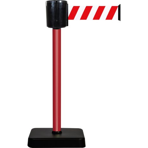 Poteau à sangle alu rouge hachuré rouge/blanc 10m x 100mm sur socle mobile - 2801027 (1/4)