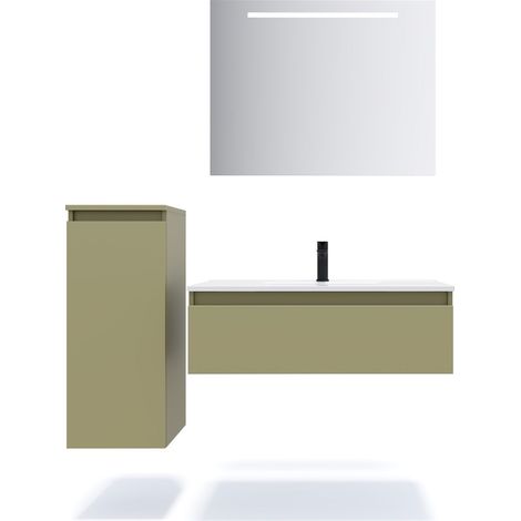 Meuble de salle de bain suspendu vasque intégrée 90cm 1 tiroir Vert olive + miroir + colonne ouverture gauche - Hudson (1/5)