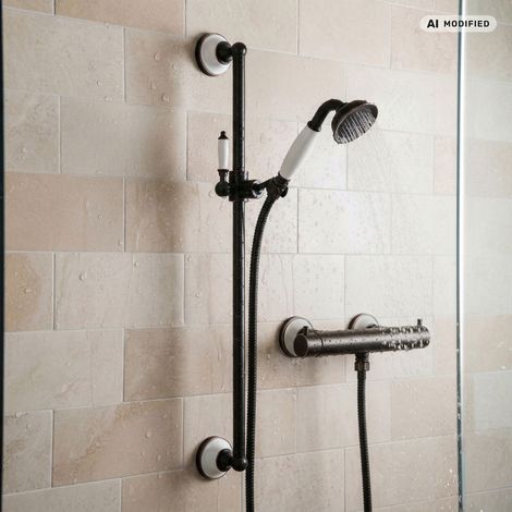 PaulGurkes Duschset Thermostat Aufputz Retro Antik Schwarz Dusche mit Stange