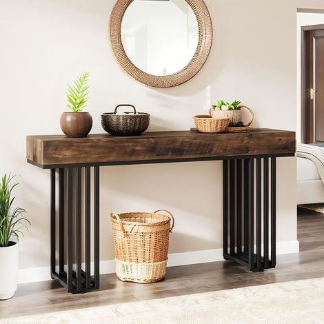Konsolentisch, 140 × 30 × 82 cm, Sofatisch im Industrial-Stil, Metallgestell, für Wohnzimmer und Eingangsbereich (Braun/Schwarz)