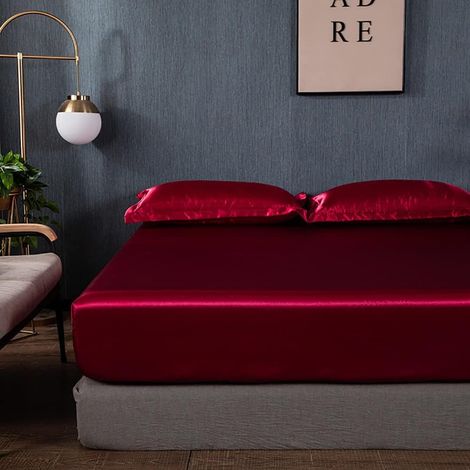 1 Drap Housse Satin, 140x200 cm, Bonnet 30 cm, Polyester Microfibre Lisse, Rouge Vin, Matelas Épais (1/5)