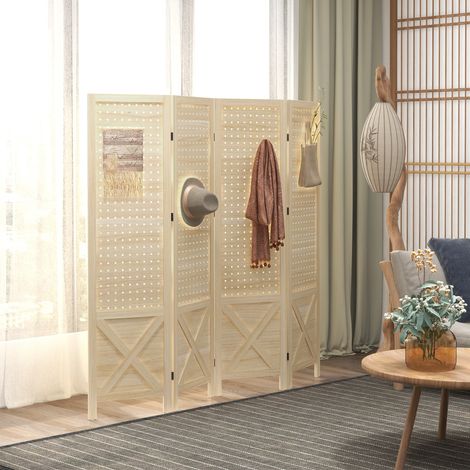 Paravent intérieur en bois 4 panneaux séparateur de pièce pliable panneau perforé 152 x 1.7 x 144.5 cm bois naturel