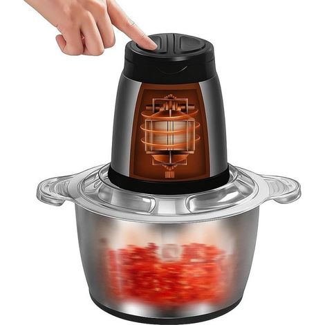 Picadora de carne eléctrica，Picado rápido de ingredientes，Sistema de 4 cuchillas de doble capa，Tazón de acero inoxidable de 2 litros，Plateado (1/5)