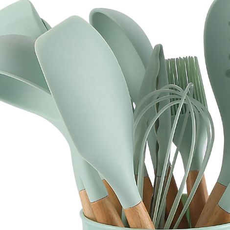 Ensemble de 12 pièces de poêles antiadhésives et seaux de rangement avec poignées en bois, ensemble de 11 pièces d'ustensiles de cuisine en silicone, vert clair, avec seau. (1/5)