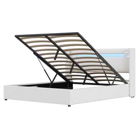 Polsterbett Kinderbett  Bett mit LED-Lichtleiste, Bluetooth-Player und USB-Aufladung, PU-Leder-Aufbewahrungsbett, Hochbettkasten, Jugendbett mit Lattenrost