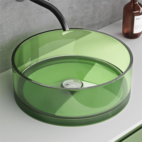 doporro Lavabo da Appoggio Rotondo Ø40 cm Lavabo Piccolo per Bagno e WC Ospiti in Resina Trasparente Verde Salvia (1/5)