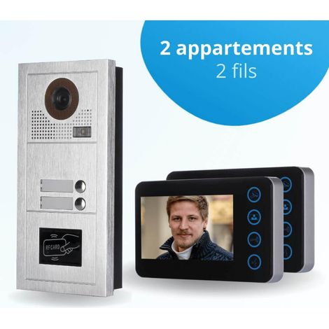 Portier interphone vidéo MODERN 2 Fils - 2 appartements - 2 écrans noirs - avec lecteur de badge