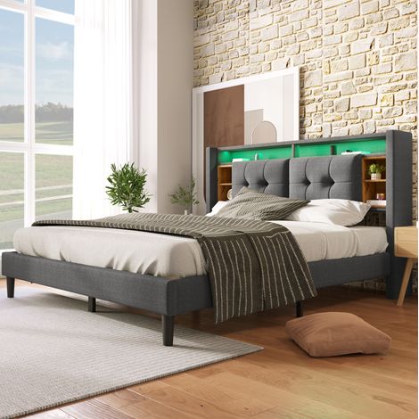 Cama tapizada 160/200 cm gris de madera maciza con cabecero con almacenaje, USB y LED (1/5)
