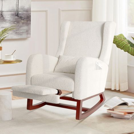 ADWOLT Fauteuil à Bascule-Rocking Chair - Scandinave - Pieds en Bois Massif - Chaise Loisirs - Laine d'agneau - Beige - Salon -67x64x99cm